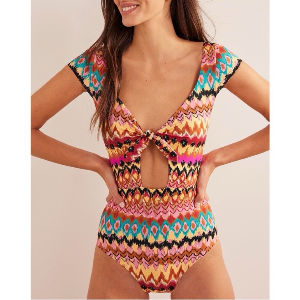 NWT Boden Aztec Print Cap Sleeve Tie Front One Piece Swimsuit Size 12